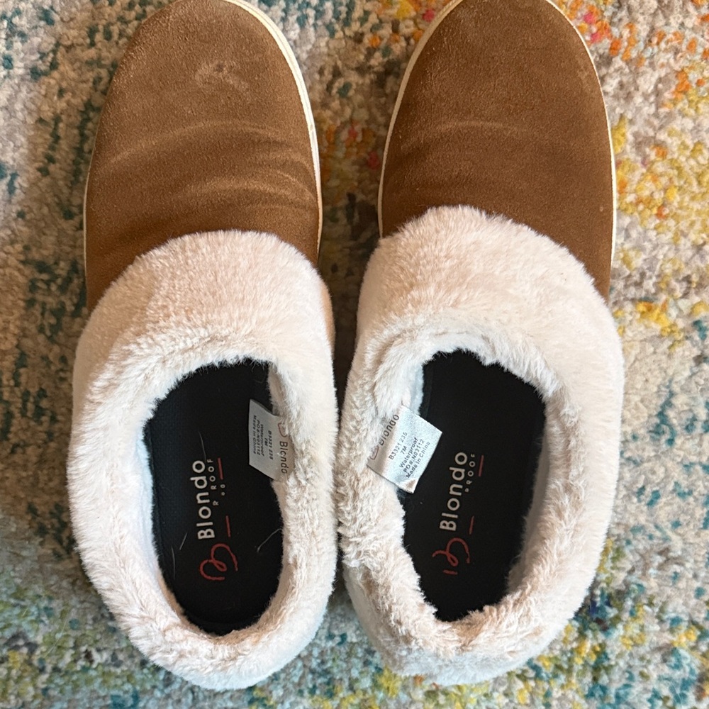Blondo Brown Suede Slip-On Slippers with Cream Faux-Fur Collar Sz 7